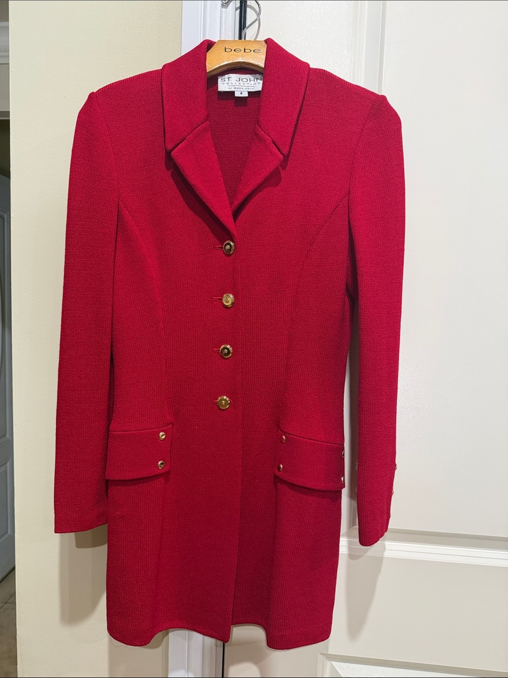 St. John Red Knit Long Blazer with Gold Buttons super elegant.